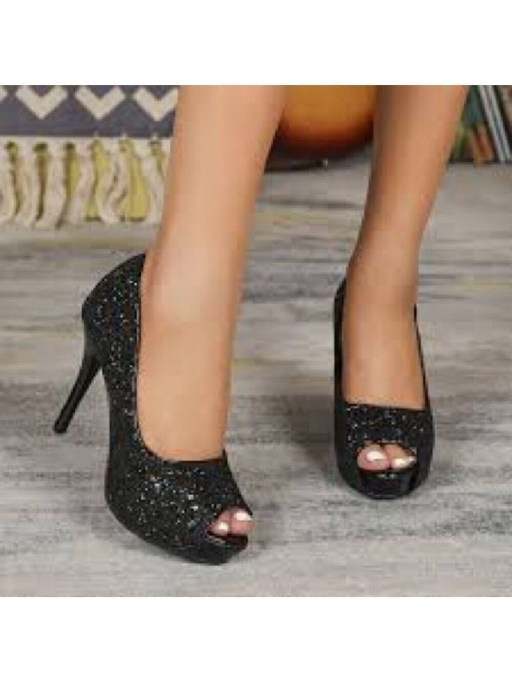 Women’s Rennege Black Glitter Sequin Peep Toe Platform Heels Size 9 US!